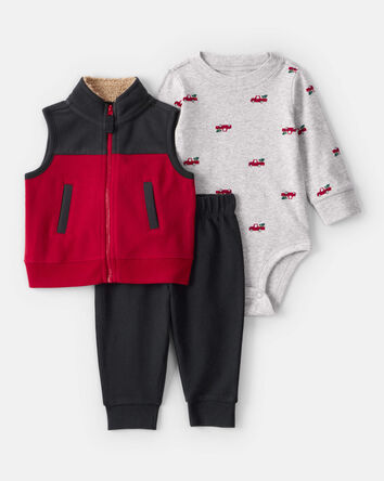 Baby Boy 3-Piece Christmas Tree & Truck Print Vest, Bodysuit & Pant Set - Red/Black/Grey, 