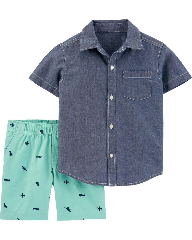 2-Piece Chambray Button-Front Shirt & Canvas Shorts, image 1 of 2 slides