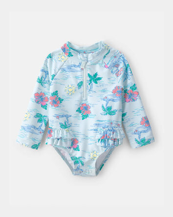 Baby Girl Beach Long-Sleeve 1-Piece Swimsuit - Blue, 