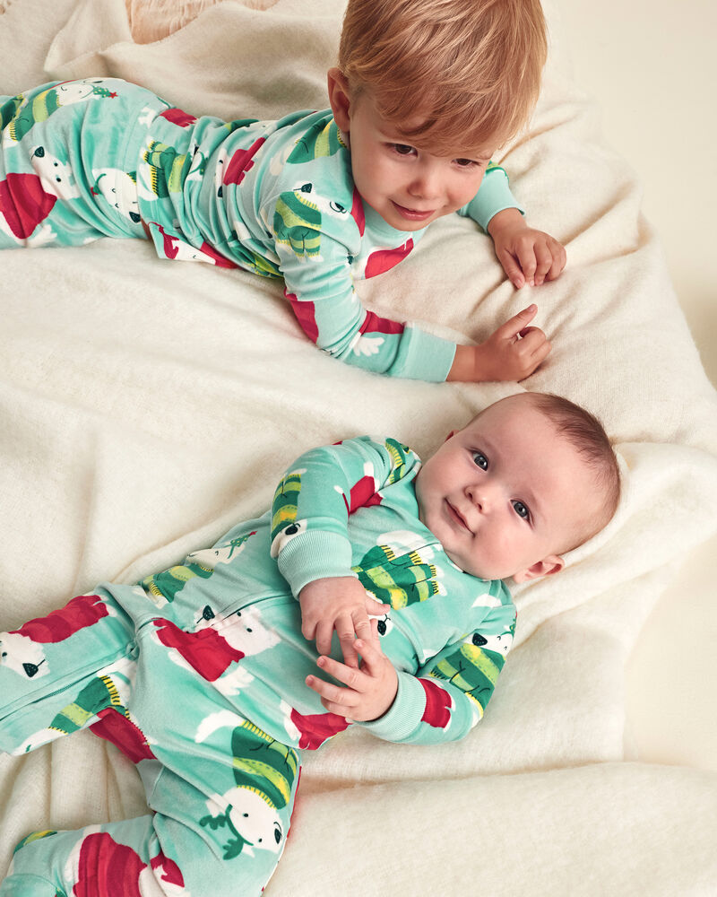 Baby 1-Piece Christmas Dogs 2-Way Zip DreamPlush Snug Fit Footed Pyjama - Green, image 2 of 6 slides