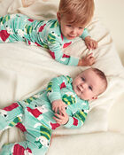 Baby 1-Piece Christmas Dogs 2-Way Zip DreamPlush Snug Fit Footed Pyjama - Green, image 2 of 6 slides