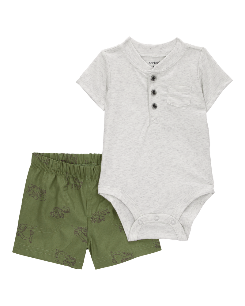 Baby 2-Piece Henley Bodysuit & Short Set - Grey/Green, image 1 of 4 slides