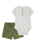 Baby 2-Piece Henley Bodysuit & Short Set - Grey/Green, image 1 of 4 slides