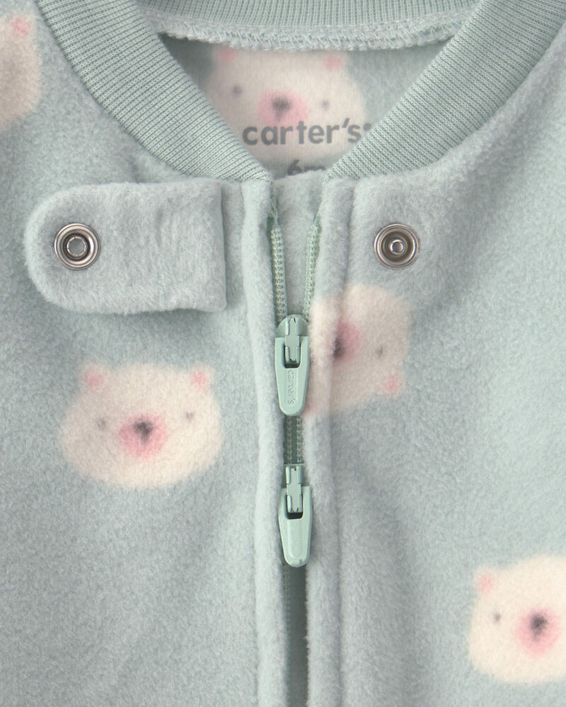 Baby Girl Bear Fleece 2-Way Zip Sleeper - Green, image 3 of 6 slides
