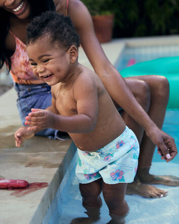 Toddler Boy Palm Tree Swim Trunks - Blue, 