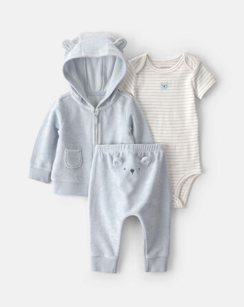 B&eacute;b&eacute; - Ensemble 3 pi&egrave;ces &agrave; superposer, haut &agrave; manches courtes en tissu &eacute;ponge &agrave; motif ourson - Bleu, 