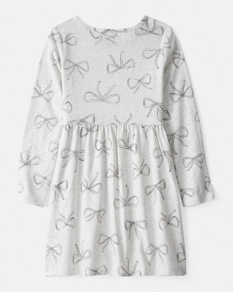 Girls Bow Print Long Sleeve Cotton Dress - Grey, image 2 of 4 slides