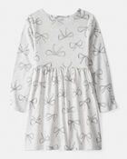 Girls Bow Print Long Sleeve Cotton Dress - Grey, image 2 of 4 slides