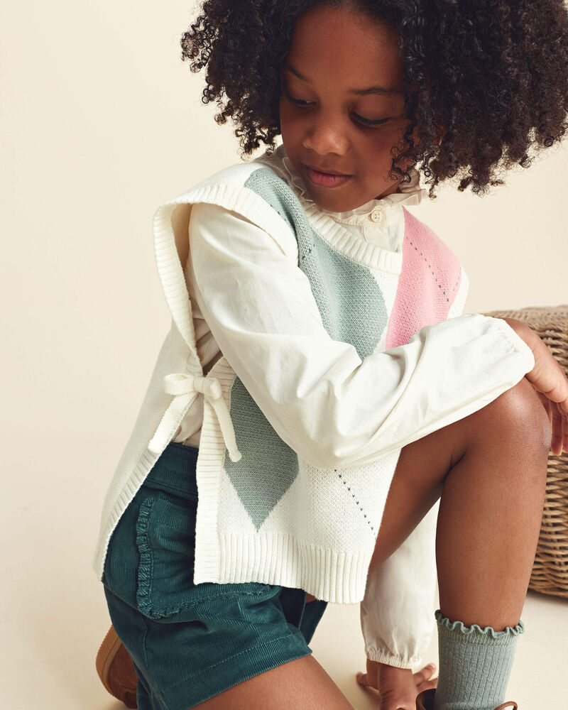 Filles - Ensemble 2 pi&egrave;ces gilet tricot et haut &agrave; carreaux &ndash; Cr&egrave;me, image 3 sur 6 diapositives