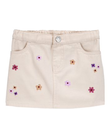 Toddler Twill  Denim Floral Embroidered Skirt - Ivory, 