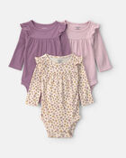 Baby Girl 3-Pack Floral Long-Sleeve Multipack Bodysuits  - Purple, image 1 of 5 slides