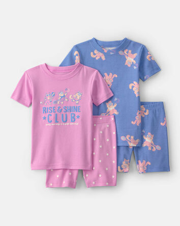 Toddler Girl Cat 100% Cotton Short-Sleeve Snug Fit 4-Piece pyjama Set - Purple/Blue, 