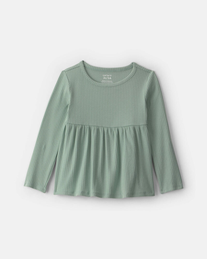Toute-petite fille &ndash; Haut p&eacute;plum manches longues en tissu c&ocirc;tel&eacute; &ndash; Vert, image 1 sur 2 diapositives