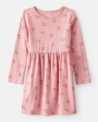 Girls Cherry Print Long Sleeve Cotton Dress - Pink, image 1 of 4 slides