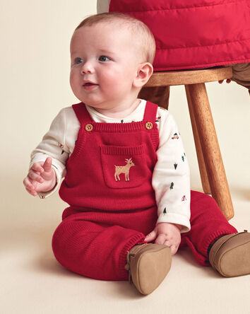 B&eacute;b&eacute; - Ensemble 2 pi&egrave;ces salopette tricot et chandail manches longues &agrave; motif renne &ndash; Rouge/Cr&egrave;me, 
