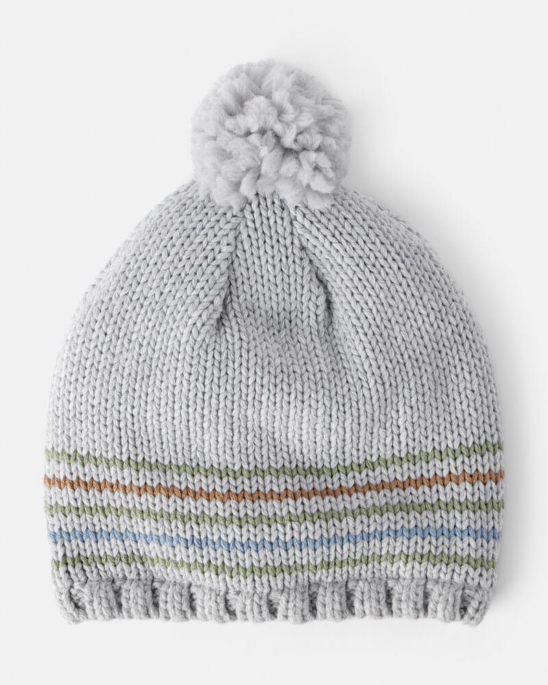 Toddler Boy Striped Pom Winter Hat - grey, image 1 of 3 slides
