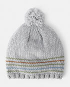 Toddler Boy Striped Pom Winter Hat - grey, image 1 of 3 slides