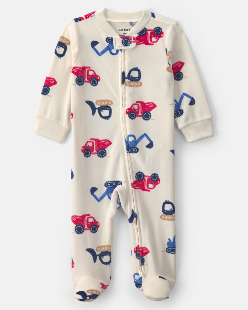 Baby Boy Construction 2-Way Zip DreamPlush Sleeper - Cream, image 1 of 5 slides