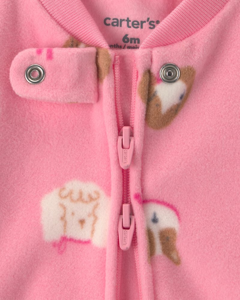 Baby Girl Dog Fleece 2-Way Zip Sleeper - Pink, image 3 of 6 slides
