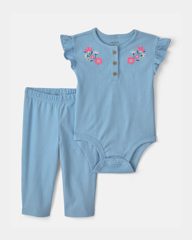 B&eacute;b&eacute; fille - Ensemble 2 pi&egrave;ces cache-couche &agrave; motif floral et pantalon &ndash; Bleu, image 1 sur 2 diapositives