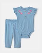 B&eacute;b&eacute; fille - Ensemble 2 pi&egrave;ces cache-couche &agrave; motif floral et pantalon &ndash; Bleu, image 1 sur 2 diapositives