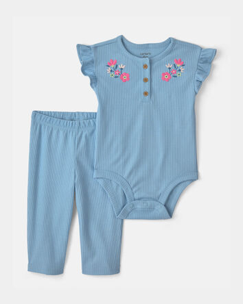Baby Girl 2-Piece Floral Bodysuit & Pant Set - Blue, 