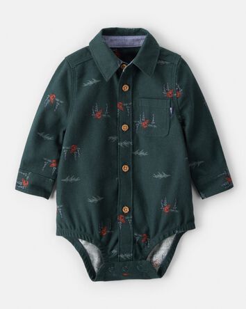 Baby Boy Woodland Fox Long-Sleeve Button-Down Bodysuit - Green, 