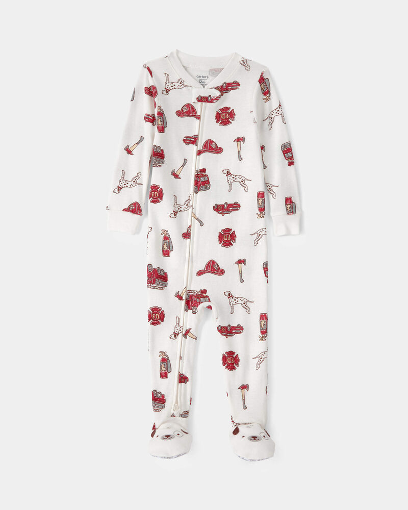 B&eacute;b&eacute; gar&ccedil;on - Pyjama ajust&eacute; 1 pi&egrave;ce en 100 % coton, camion d&rsquo;incendie - Blanc, image 1 sur 4 diapositives
