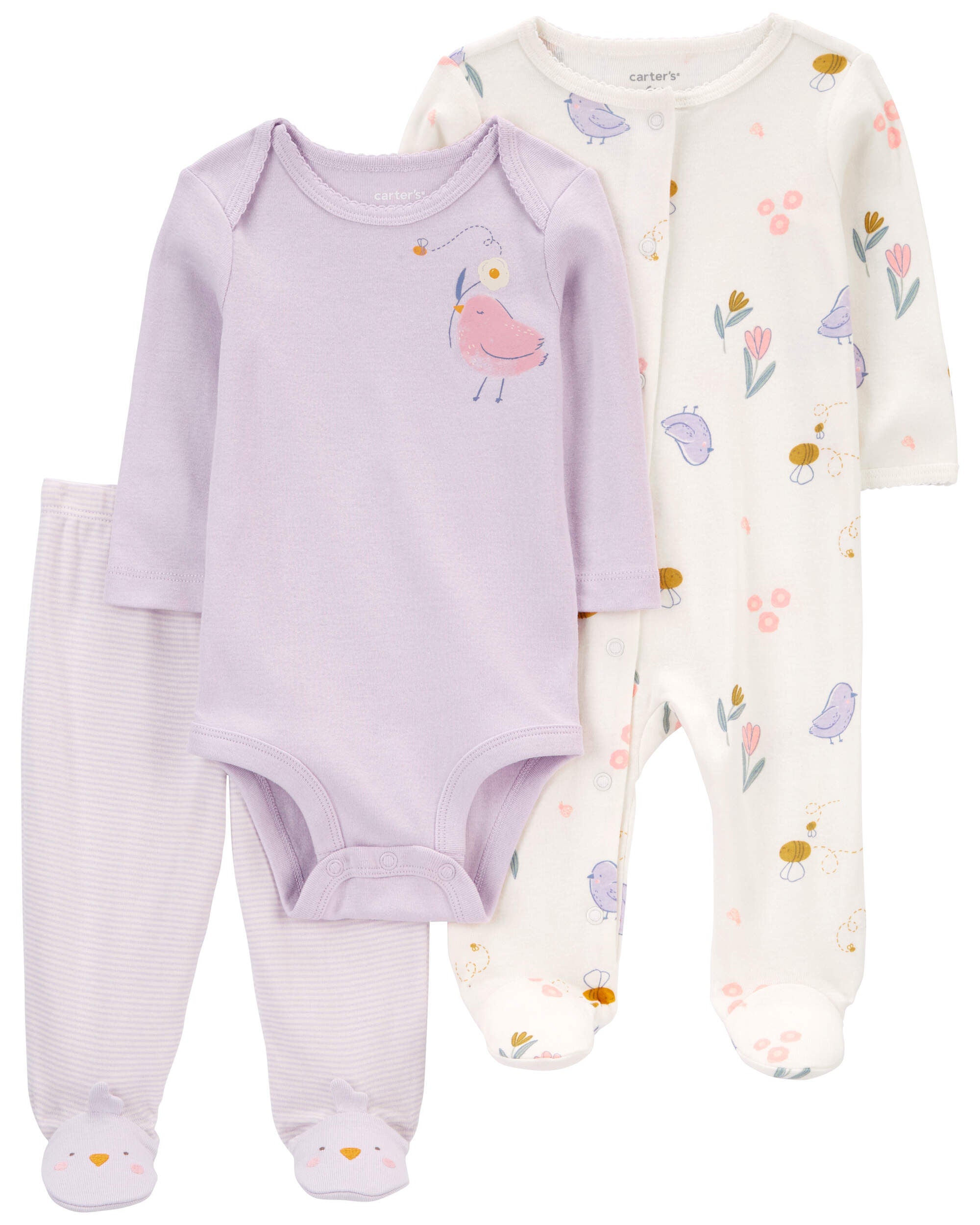 Baby Girls Baby Purple Bird 3 Piece Sleep and Play Set 6M Carter s