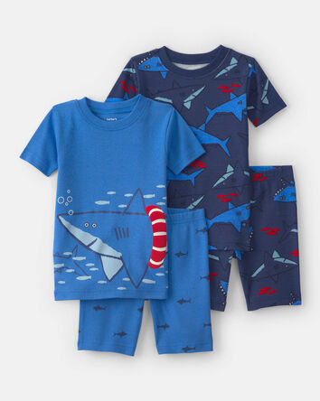 Baby Boy Shark 100% Cotton Short-Sleeve Snug Fit 4-Piece Pyjama Set - Blue, 