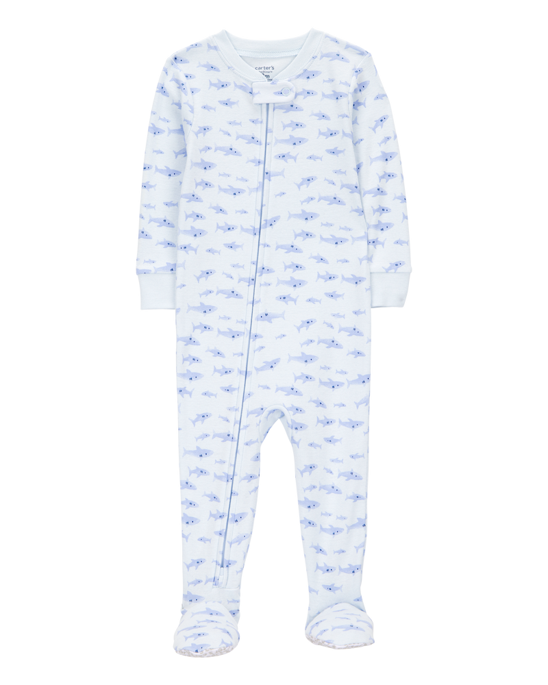 Baby 1-Piece Shark Print 100% Snug Fit Cotton Footie Pyjamas, image 1 of 3 slides