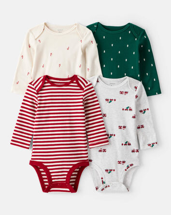 Baby Boy 4-Pack Christmas Print Long-Sleeve Multipack Bodysuits - White/Green, 