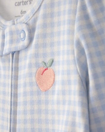 Baby Girl Peach Gingham 2-Way Zip 100% Cotton Sleeper - Blue, 