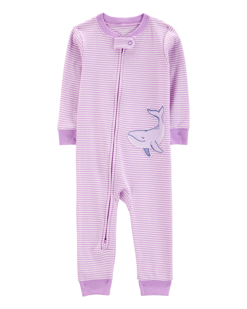 Toddler Whale Striped Snug Fit Cotton Footless 1-Piece Pyjamas - Purple, image 1 of 4 slides