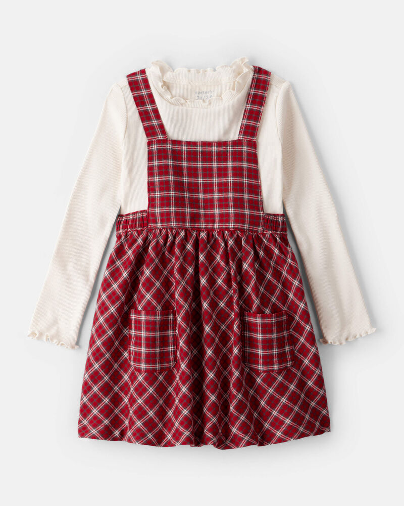 Toddler Girl 2-Piece PlaidCotton Long-Sleeve Dress Set - Red, image 1 of 5 slides