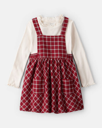 Toddler Girl 2-Piece PlaidCotton Long-Sleeve Dress Set - Red, 