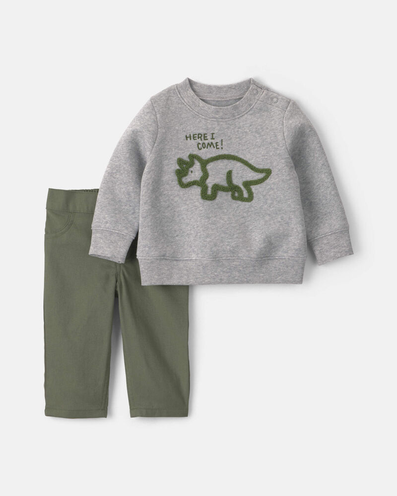 Baby Boy 2-Piece Dinosaur Fleece Pullover & Pant Set - Grey, image 1 of 5 slides