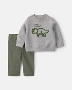Baby Boy 2-Piece Dinosaur Fleece Pullover & Pant Set - Grey, image 1 of 5 slides