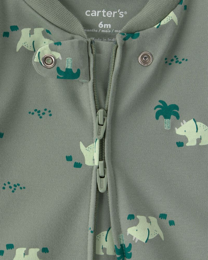 Baby Boy Dinosaur 2-Way Zip 100% Cotton Sleeper - Green, image 2 of 5 slides