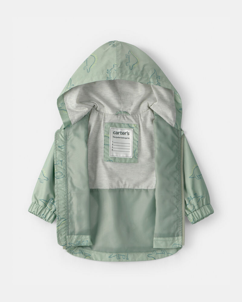 Baby Boy Dinosaur Print Rain Jacket- Green , image 2 of 3 slides