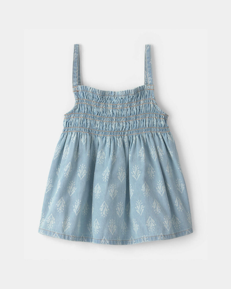 Filles - D&eacute;bardeur en chambray &agrave; smocks floral - Bleu, image 1 sur 4 diapositives