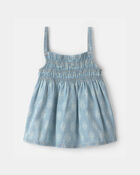 Filles - D&eacute;bardeur en chambray &agrave; smocks floral - Bleu, image 1 sur 4 diapositives