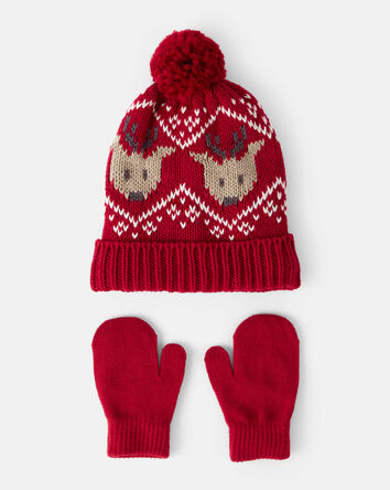 Bébé garçon - Ensemble 2 pièces bonnet et mitaines d'hiver en jersey jacquard à motifs de rennes - Rouge, 