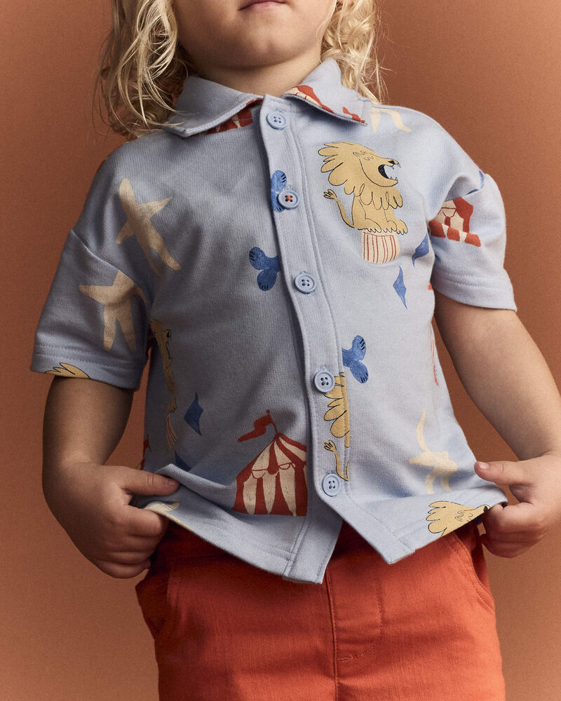 Toddler Boy Button-Down Short-Sleeve Shirt in Circus Print - Blue, image 3 of 6 slides