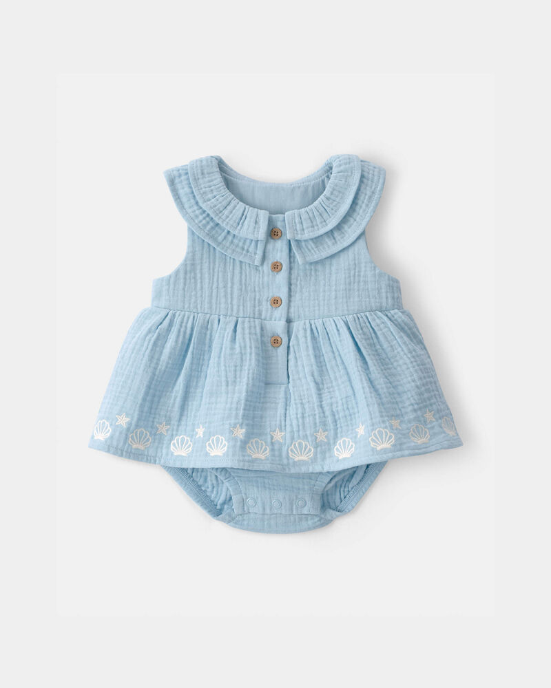 Baby Girl Embroidered Sleeveless Bodysuit Dress - Blue, image 1 of 4 slides
