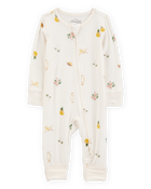 Baby Girl Tropical Print 2-Way Zip PurelySoft Convertible Foot Sleeper Pyjamas - Ivory, image 1 of 7 slides
