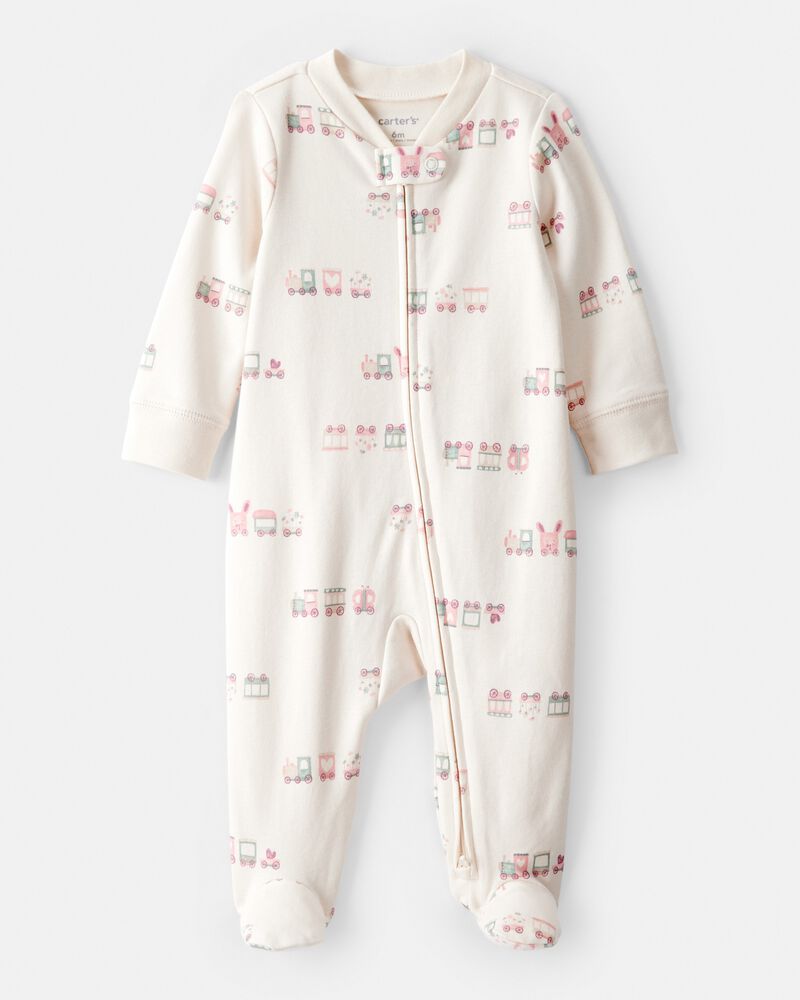 Baby Girl Train Print 100% Cotton Long-Sleeve Snug Fit Sleeper- White, image 1 of 4 slides