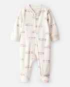 Baby Girl Train Print 100% Cotton Long-Sleeve Snug Fit Sleeper- White, image 1 of 4 slides