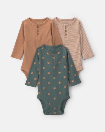 Baby Boy 3-Pack Dog Striped Long-Sleeve Multipack Bodysuits - Brown/Green, 