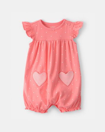 Baby Girl Heart Pocket Short-Sleeve Romper - Coral, 